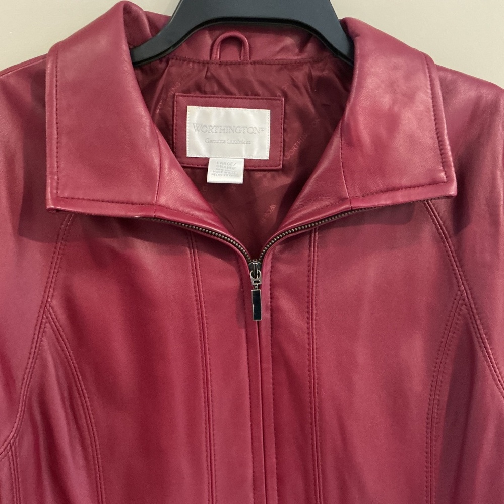 VTG Worthington L Red Lambskin Leather Jacket Full Zip Retro Barbiecore Classic - Picture 4 of 11